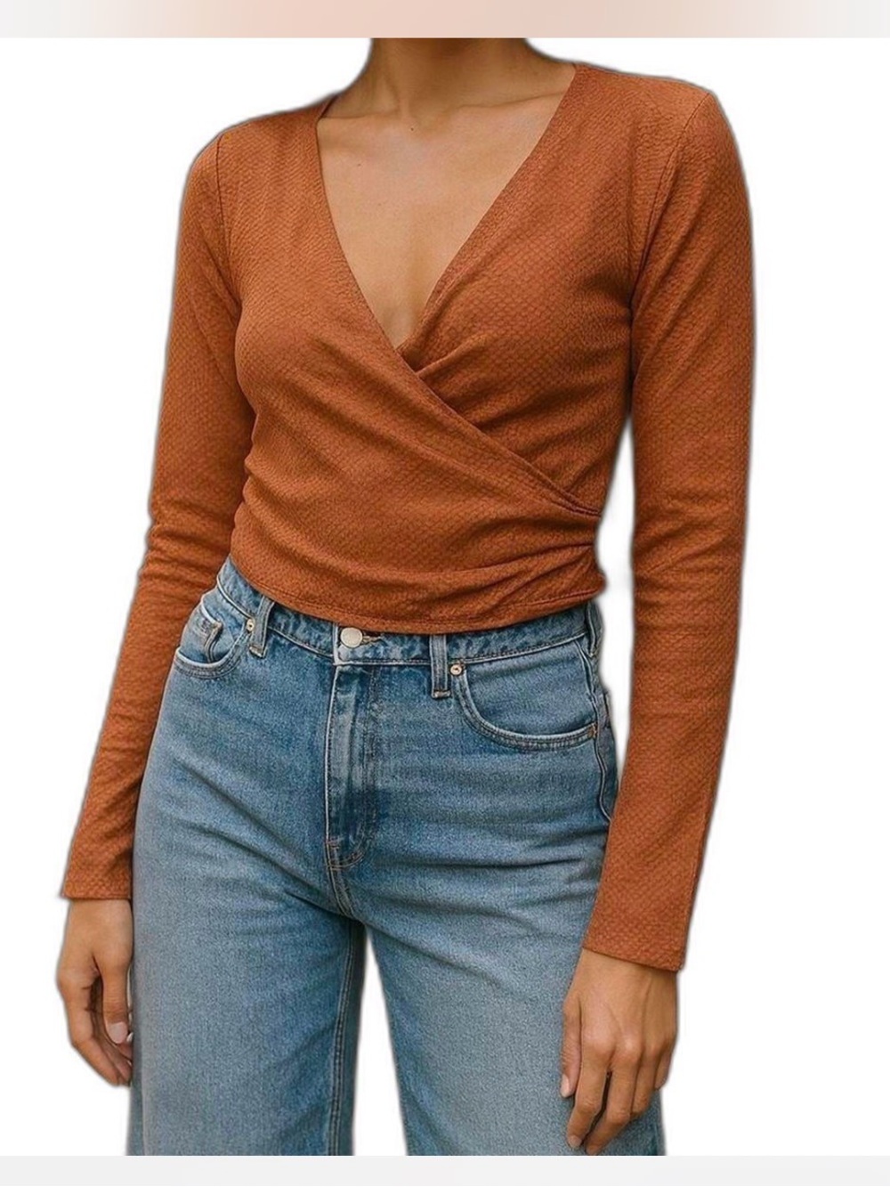 Free People Burnt Orange Wrap-Front Long Sleeve Top